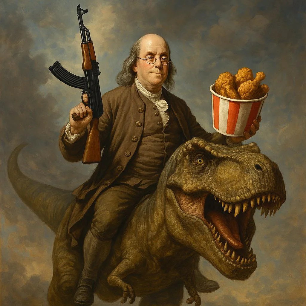 Benjamin Franklin riding on a dinosaur with an AK-47 and a bucket of fried chicken. picture 1 of 1
