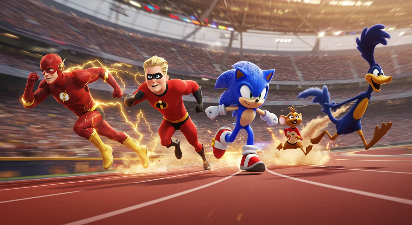 The Flash, Sonic the Hedgehog, Dash Parr from The Incredibles, Speedy Gonzales, and Road Runner are having a running race. picture 1 of 1