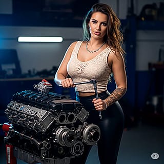 Gemini; Woman with engine on engine stand.'
