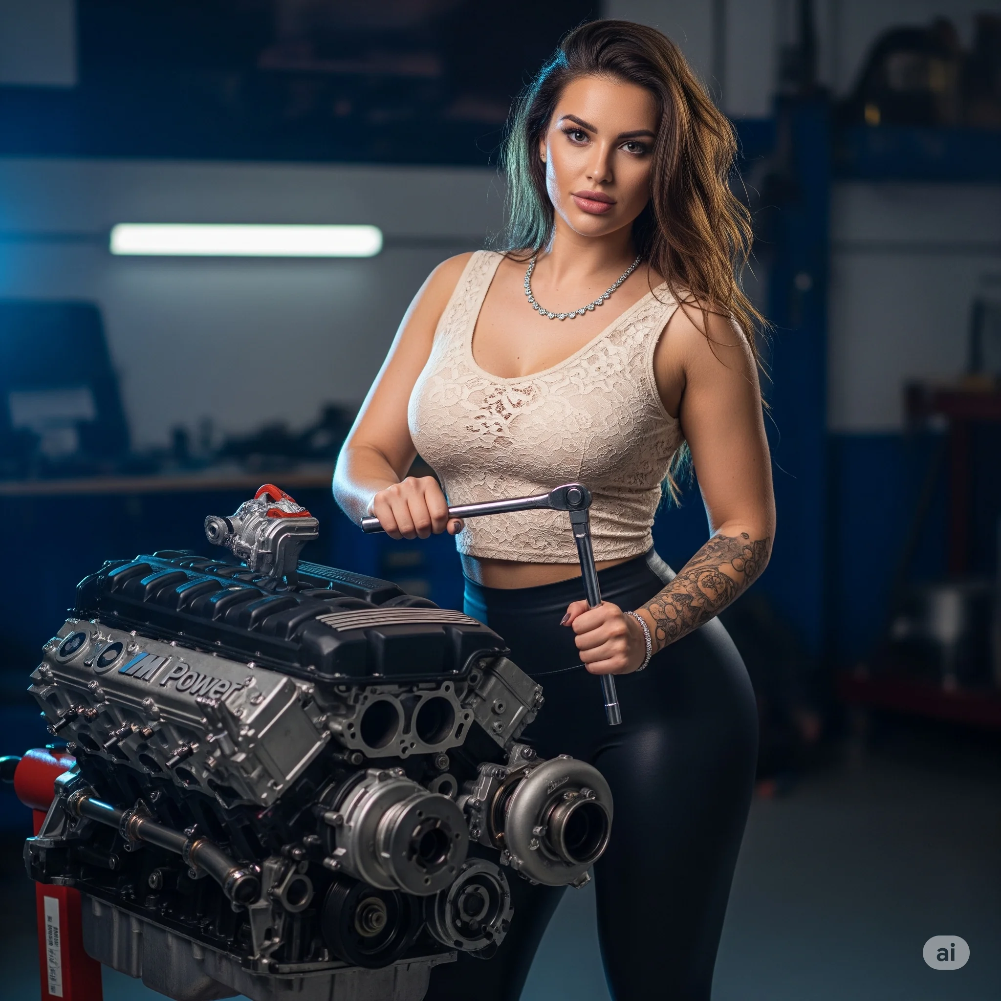 Gemini; Woman with engine on engine stand. picture 1 of 1