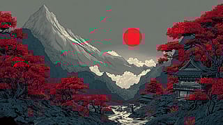 Red Sun Over Japanese Mountain Temple Landscape'