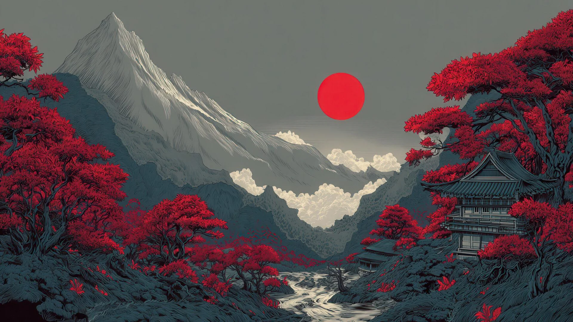 Red Sun Over Japanese Mountain Temple Landscape picture 1 of 1