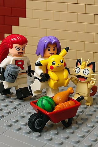 Team Rocket stealing Pikachu and food. Lego version.'