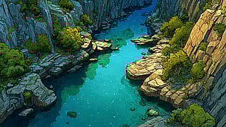 Sunlit rocks and turquoise river in canyon'