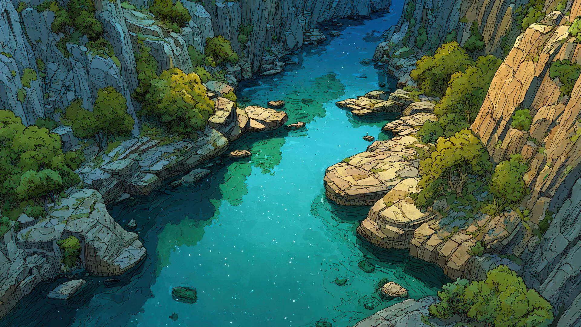 Sunlit rocks and turquoise river in canyon picture 1 of 1