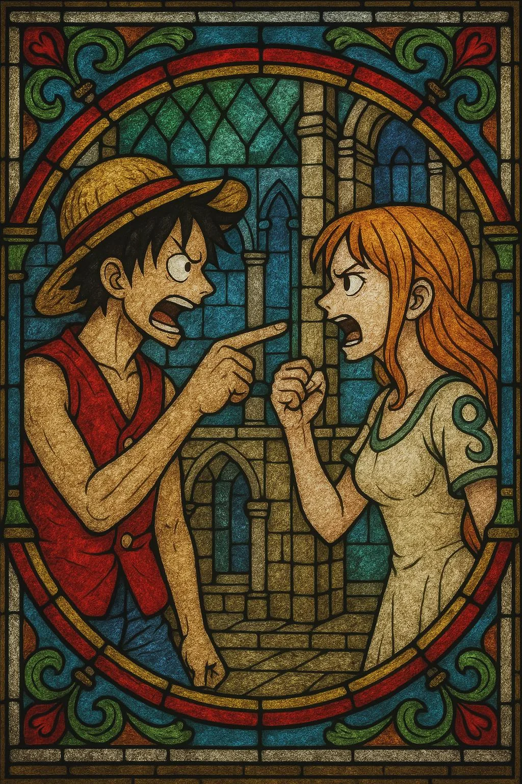 Luffy and Nami from One Piece arguing. Medieval stained glass window. picture 1 of 1