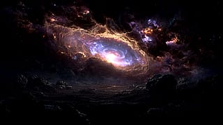 Vibrant Cosmic Nebula Above Dark Alien Landscape'
