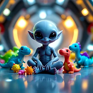 Rather than post ‘images that are derivative of other art or recognisable characters’, here’s a baby alien. Playing with toy dinosaurs. Smh.'