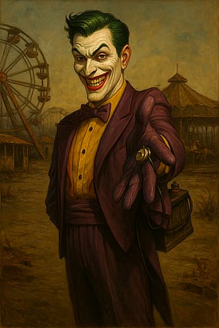 Worked with ChatGPT to produce some interpretations of a Joker drawing I did in 2001.'