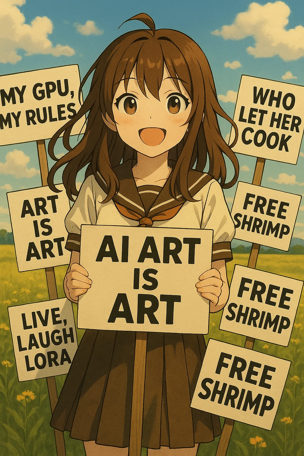 Parodies on the excessive anime "AI IS ART" signs in r/DefendingAIArt/ picture 5 of 6