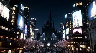 A cyberpunk city at sunset combining elements of ancient Rome, Times Square (NYC) and East Asia. (Full prompt in description) Made with Veo.'