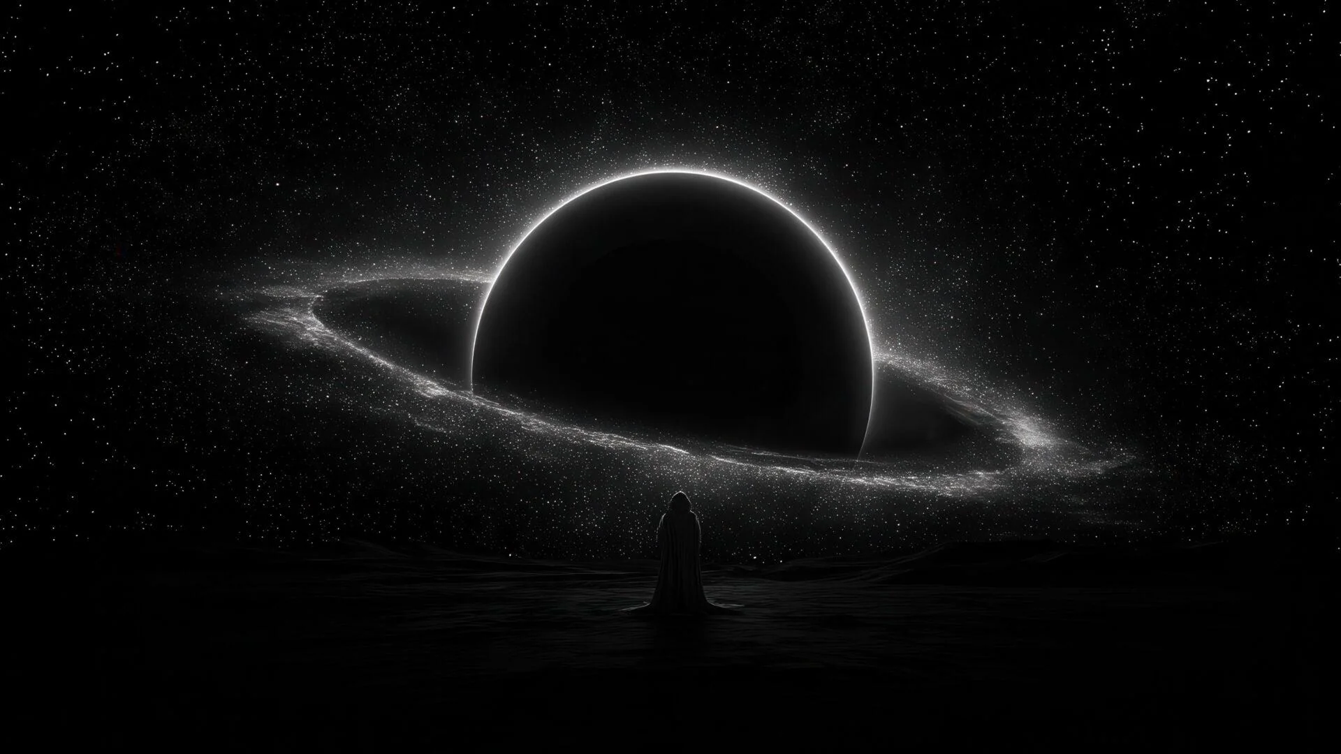 Figure stands facing a cosmic ringed planet picture 1 of 1