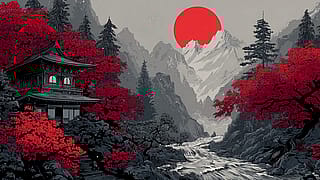 Scarlet Autumn Temple Against Mountain Sunrise'