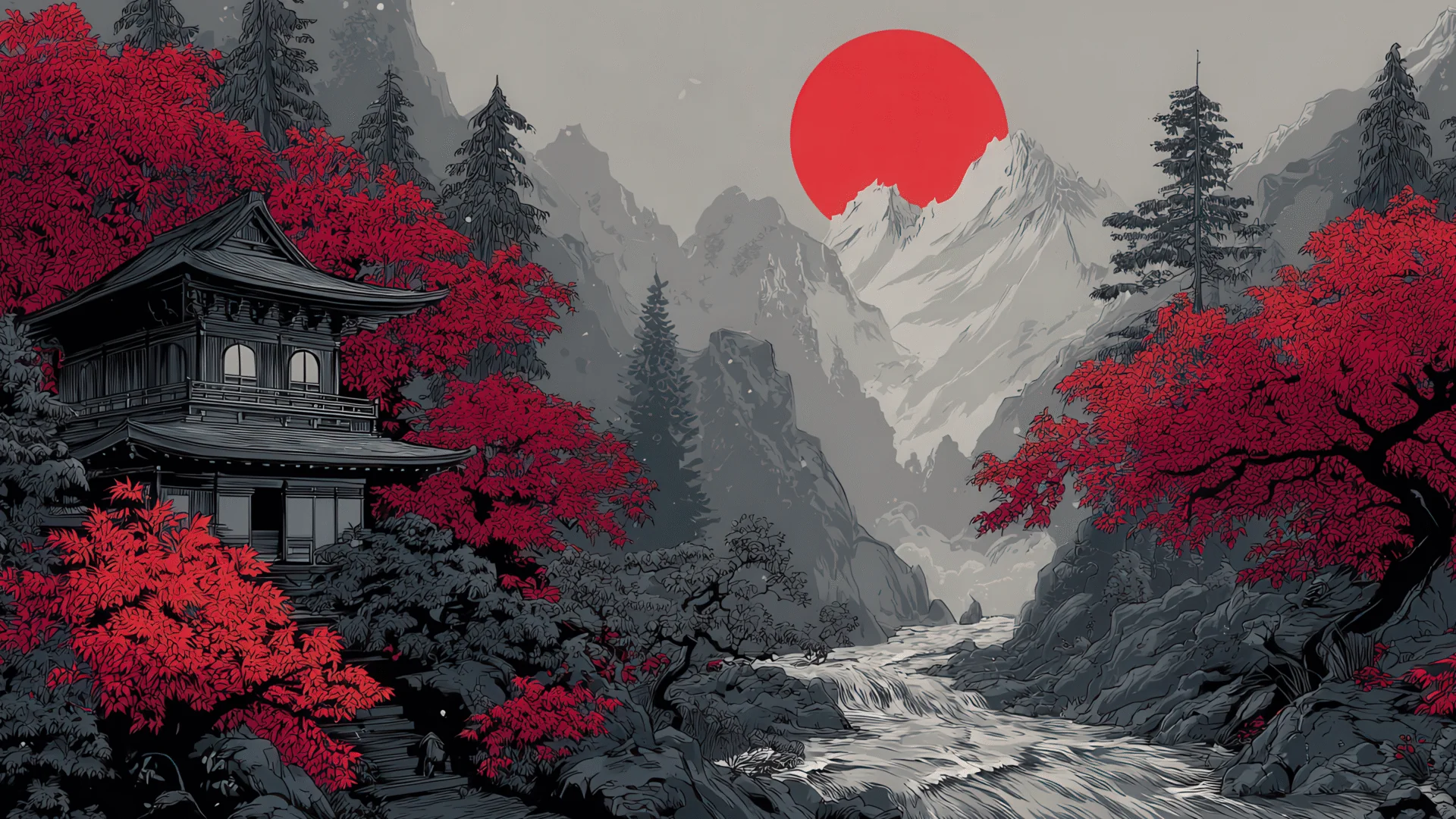 Scarlet Autumn Temple Against Mountain Sunrise picture 1 of 1