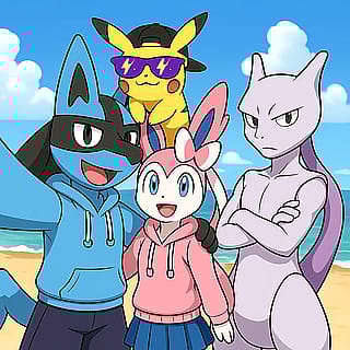 Just a fun AI-generated Pokémon beach scene I made for my Lucario-themed channel'