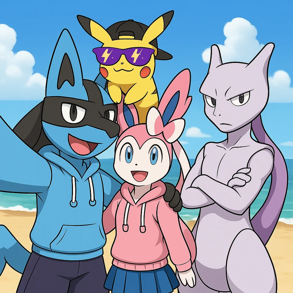 Just a fun AI-generated Pokémon beach scene I made for my Lucario-themed channel picture 1 of 1