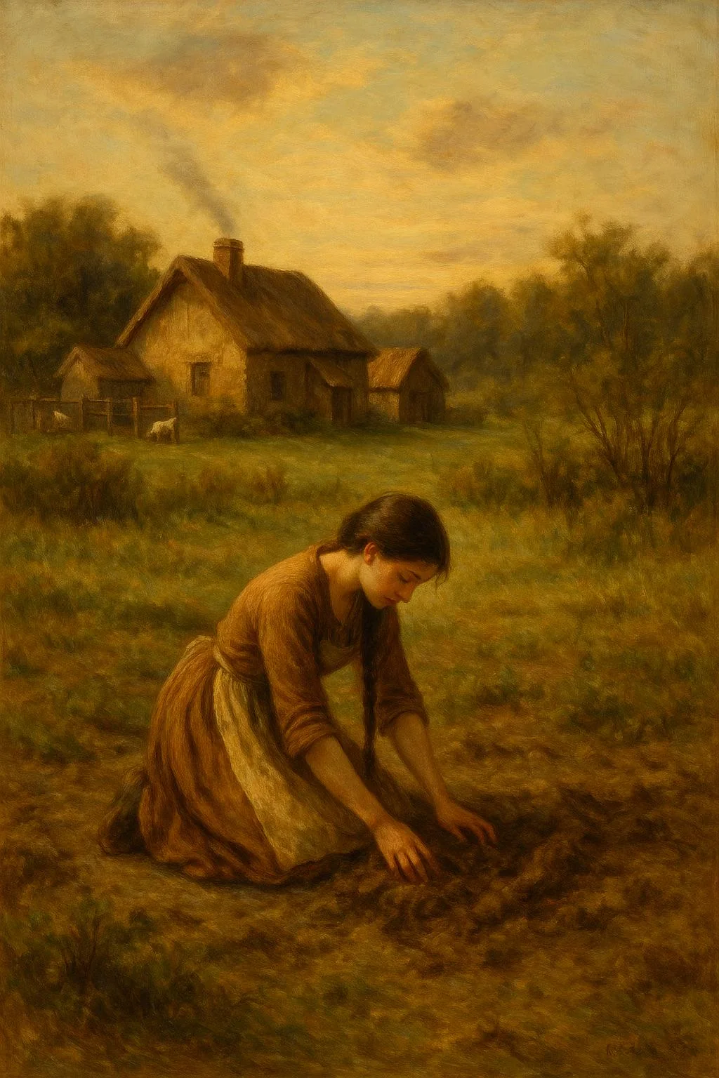 A young woman works the earth outside a cottage (More art for my written fantasy stories) picture 1 of 1