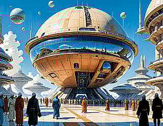 A futuristic spaceport with massive spherical spacecraft, people in ancient robes walking barefoot on sunlit marble plaza'