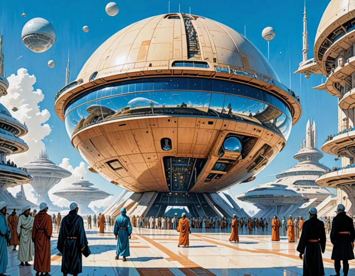 A futuristic spaceport with massive spherical spacecraft, people in ancient robes walking barefoot on sunlit marble plaza picture 1 of 1