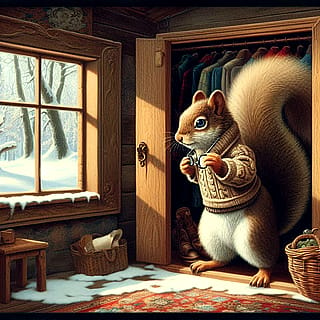 a squirel family who lives in their cozy cabin in the woods a day in their life'