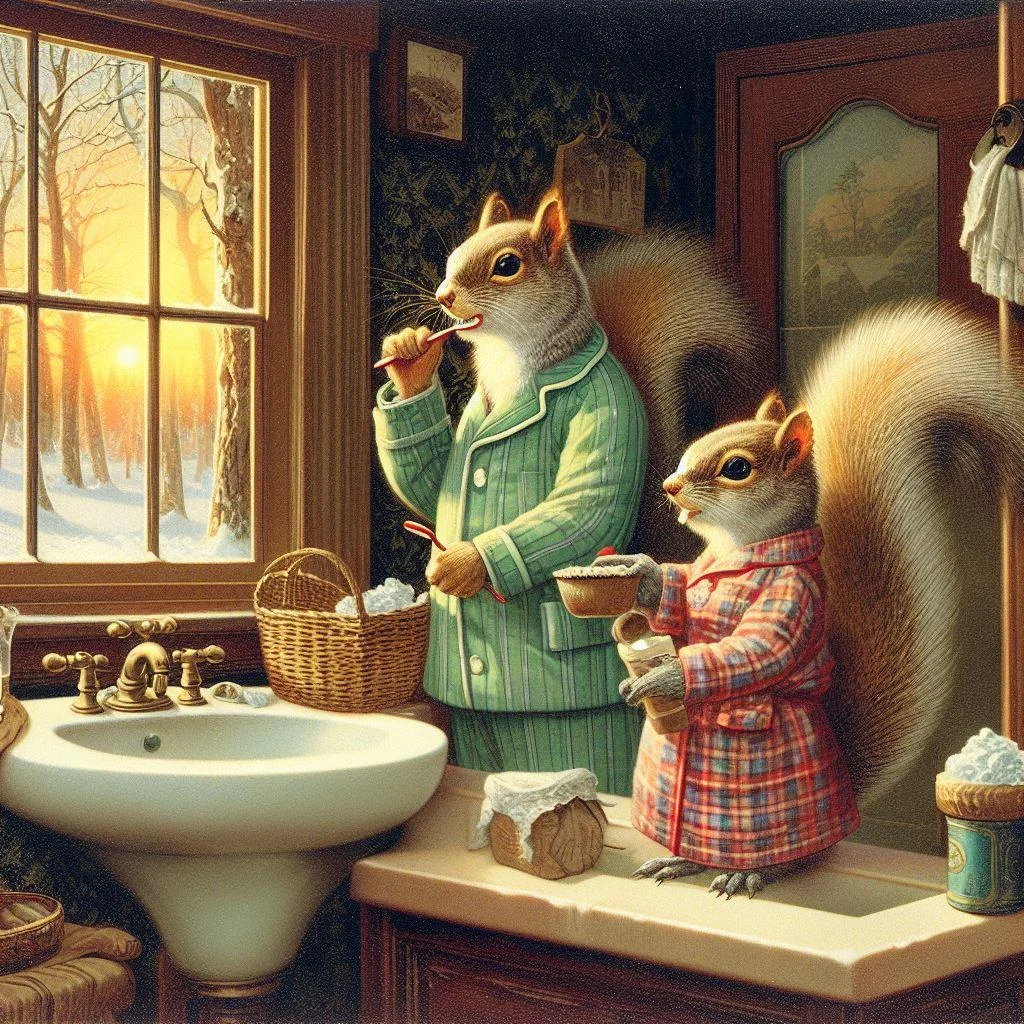 a squirel family who lives in their cozy cabin in the woods a day in their life picture 4 of 20