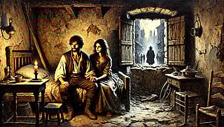 Man and Woman inside Cottage different painting styles'