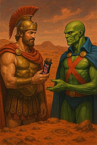 The god Mars, sharing a Mars Bar with Martian Manhunter on Mars.'