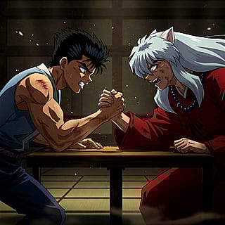 InuYasha arm wrestling with Urameshi Yusuke (Yu Yu Hakusho)'
