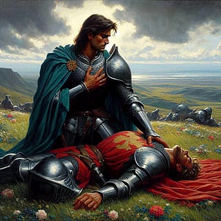 Warrior tragically finding his king killed in battle'