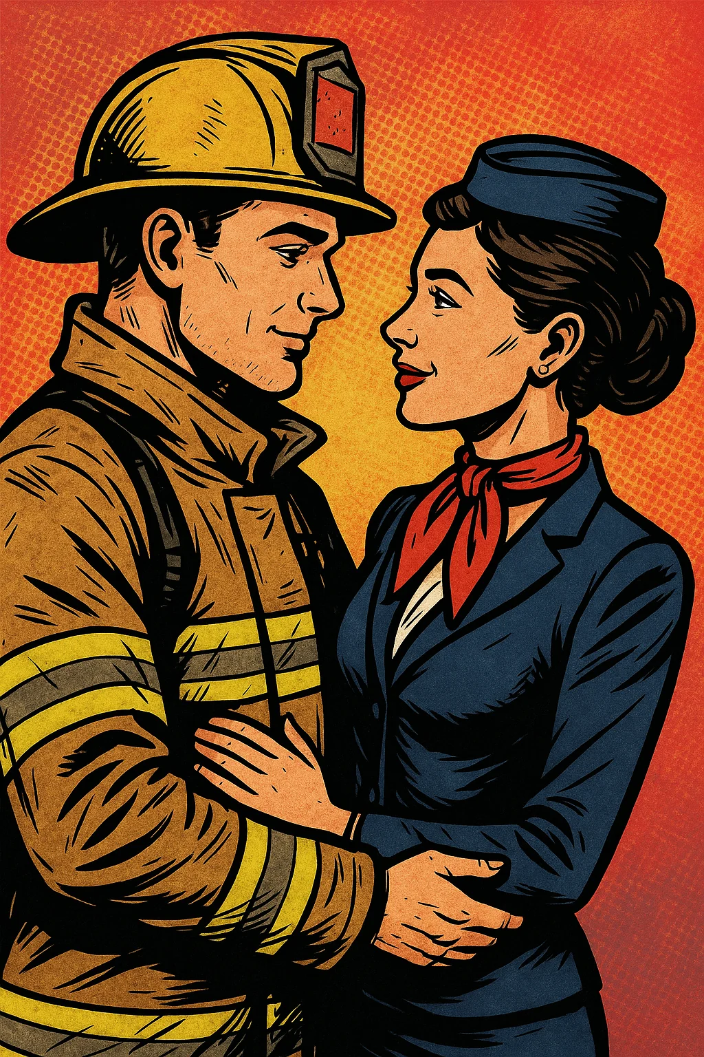 Firefighter and flight attendant comic book style picture 1 of 4