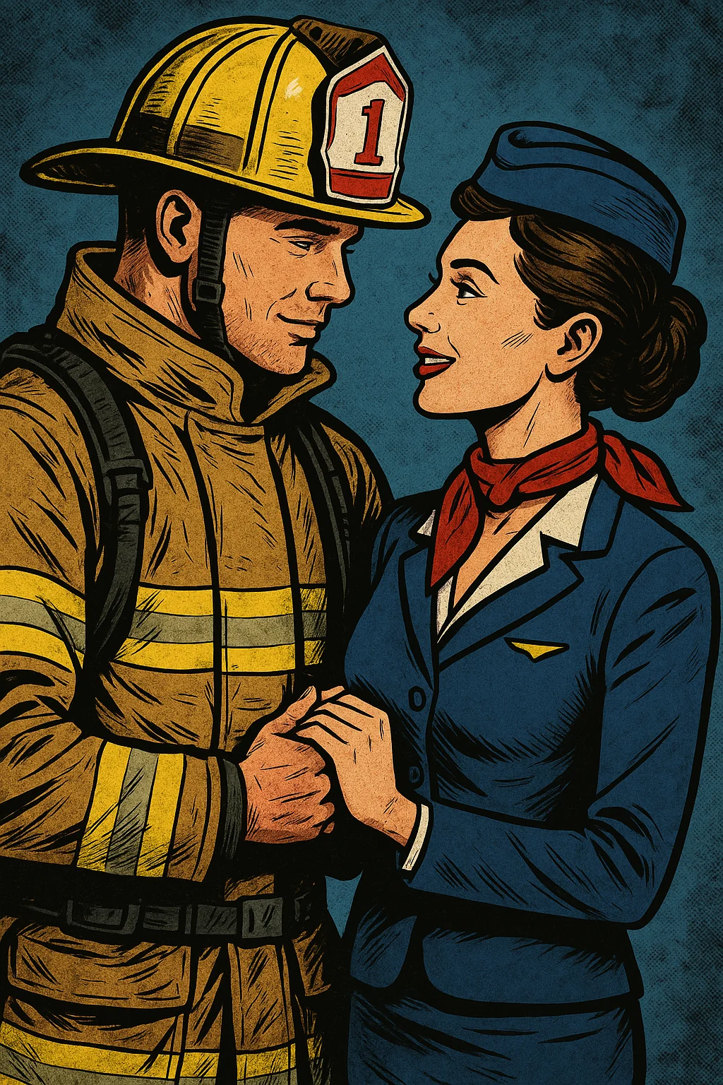 Firefighter and flight attendant comic book style picture 3 of 4