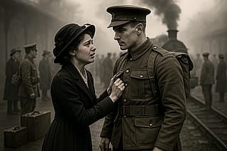 Girlfriend pleads with her boyfriend not to go to the Western Front, WW1'
