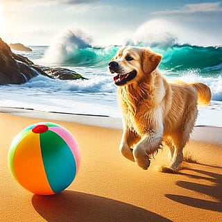 Dog Playing on a Beach'