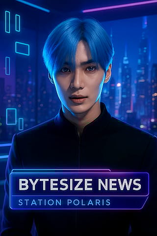 Cyberpunk News Anchor in Neon Studio'