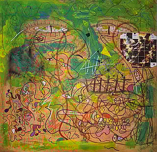 I've been experimenting with AI-generated images and traditional art. I specialize in art brut or outsider art. This piece includes a fragment of an AI-generated image that I edited and integrated it's not just AI generated, it's been reworked by hand.'