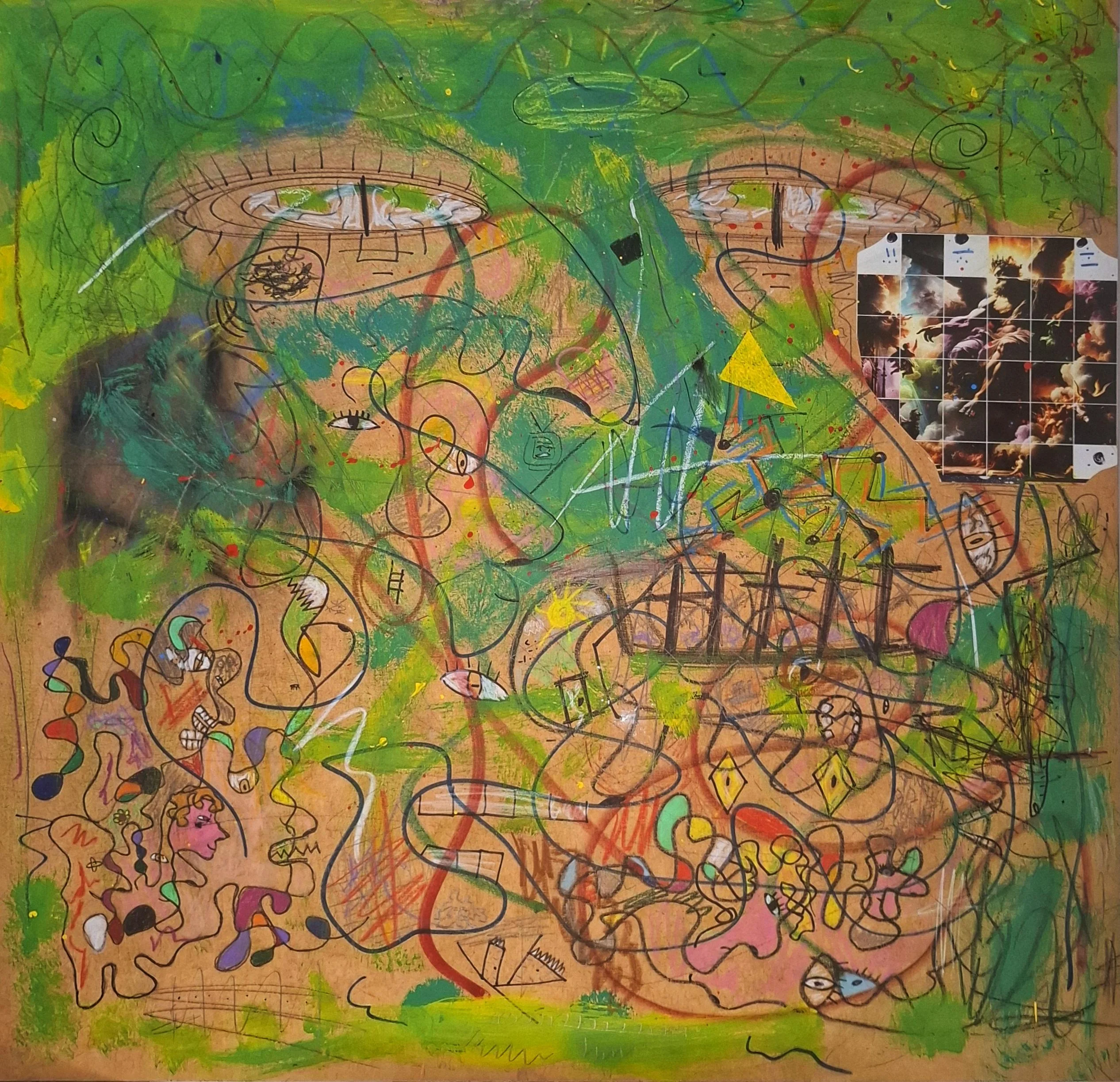 I've been experimenting with AI-generated images and traditional art. I specialize in art brut or outsider art. This piece includes a fragment of an AI-generated image that I edited and integrated it's not just AI generated, it's been reworked by hand. picture 1 of 1