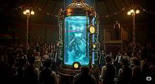 "Mermaid in a Cryogenic Tank at a 1920s Circus"'