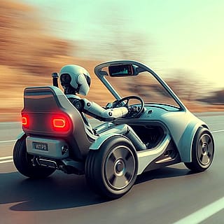 Robot driving futuristic car'