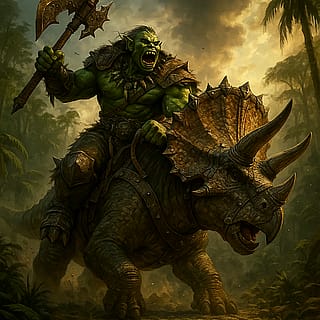 I want an orc warrior riding a trisaratops, please.'