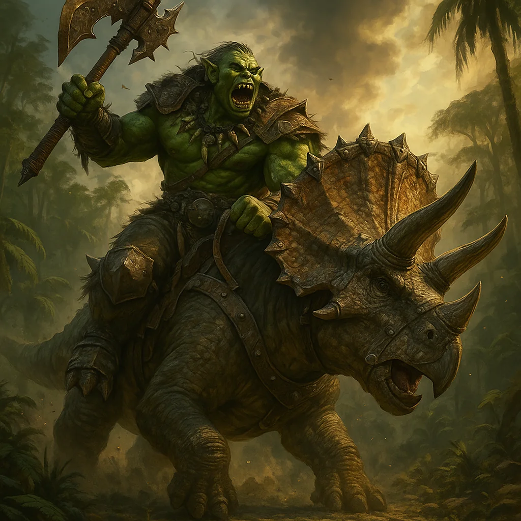 I want an orc warrior riding a trisaratops, please. picture 1 of 1