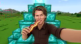 "Kevin Bacon Eating a Bacon While Sitting On a Minecraft Beacon"'