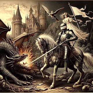 A blind knight defeating a dragon'