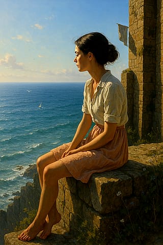 Girl looks at the sea from the ruins'