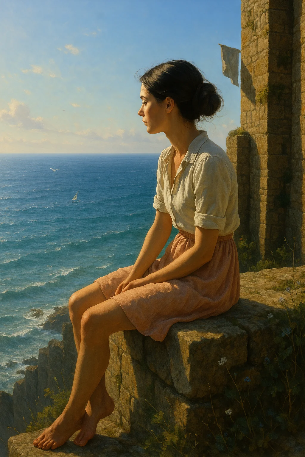 Girl looks at the sea from the ruins picture 1 of 1