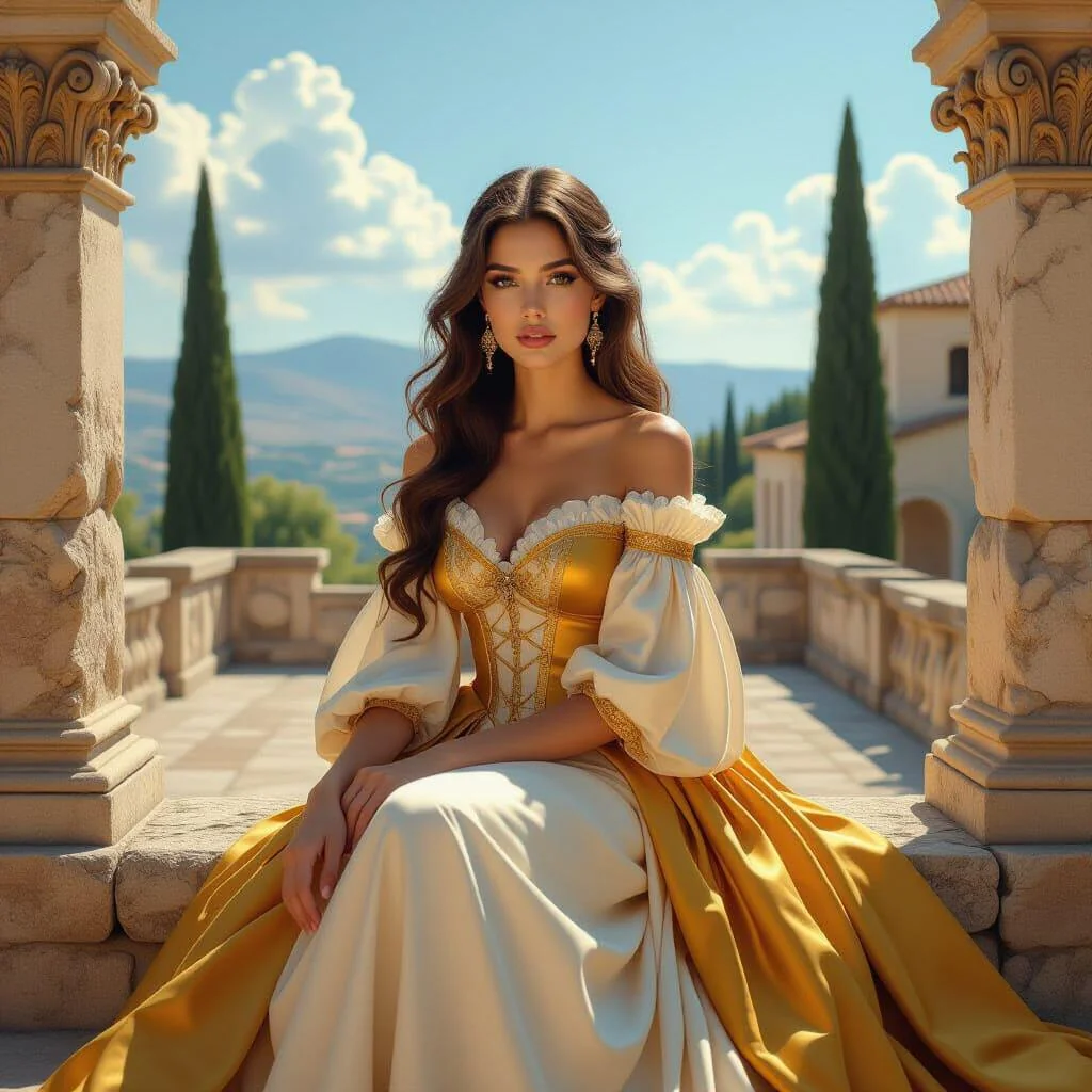 "A stunning young woman with long, wavy chestnut hair sits gracefully in an ancient Mediterranean courtyard. picture 1 of 1