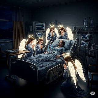 Middle aged lady in hospital bed hooked up to icu in hospital room and an 5 angels praying over her next to her bed.'