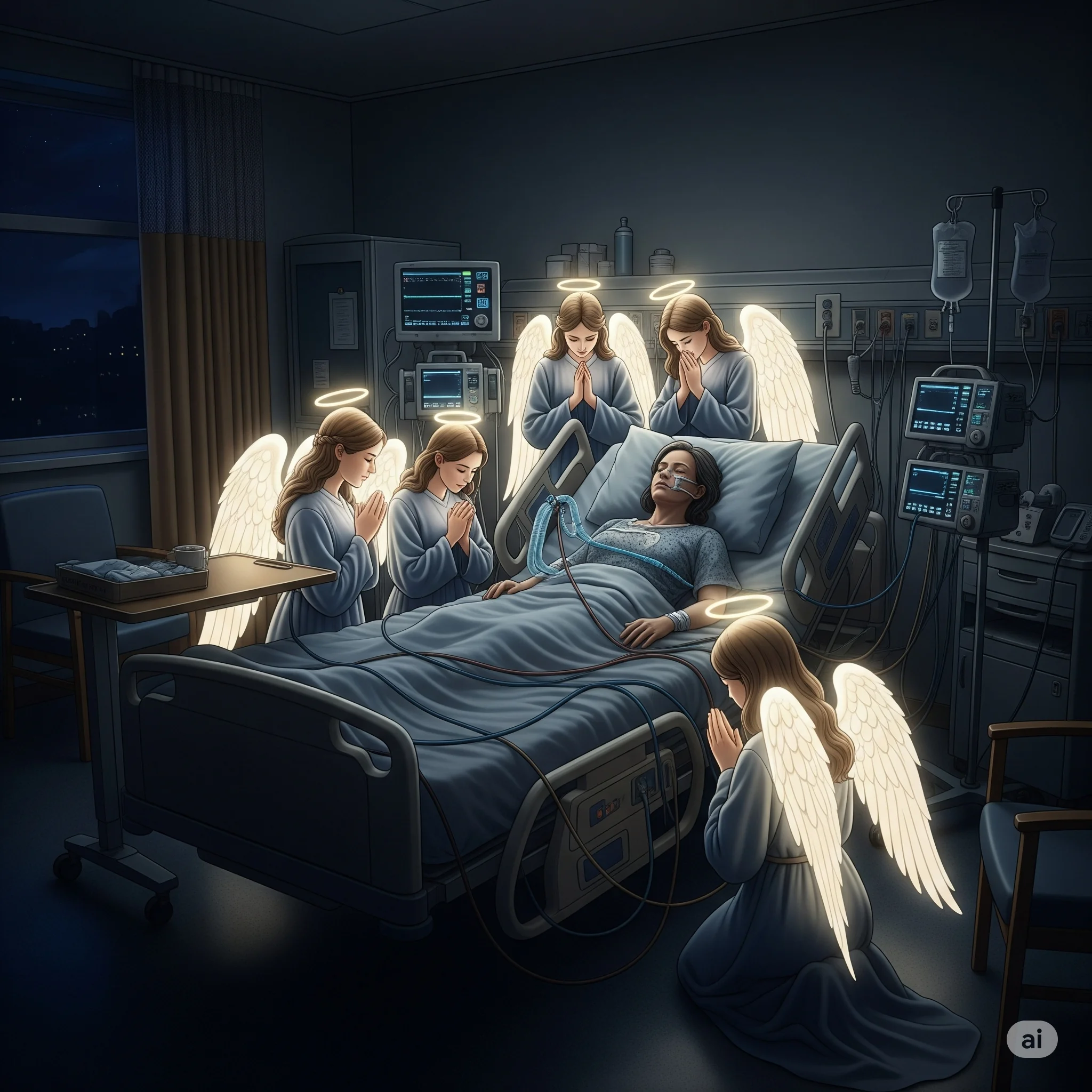 Middle aged lady in hospital bed hooked up to icu in hospital room and an 5 angels praying over her next to her bed. picture 1 of 1