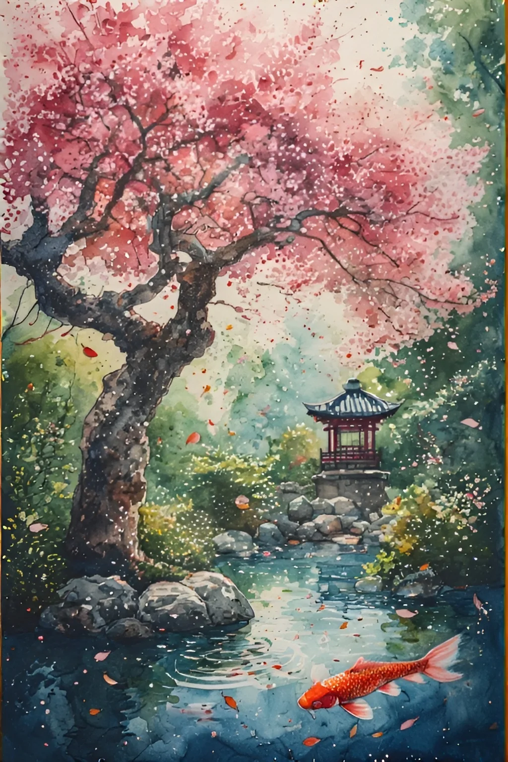 Cherry Blossom Tree and koi fish in different art styles. picture 4 of 5