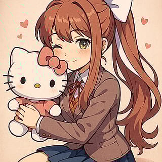 Monika Hugging a Hello Kitty Plushie'