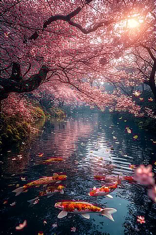 Koi fish flying above water'